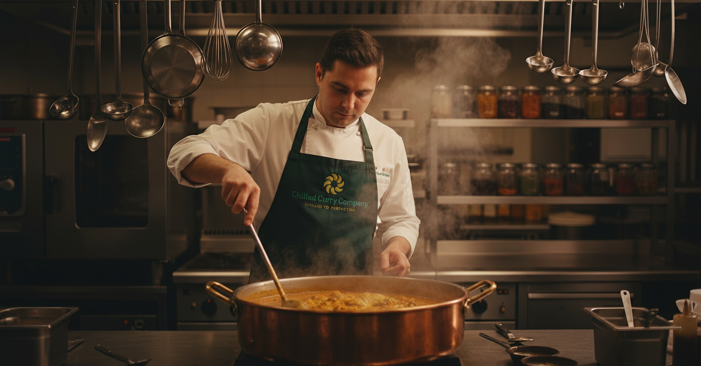 Small batch cooking — chef stirring curry in copper pot