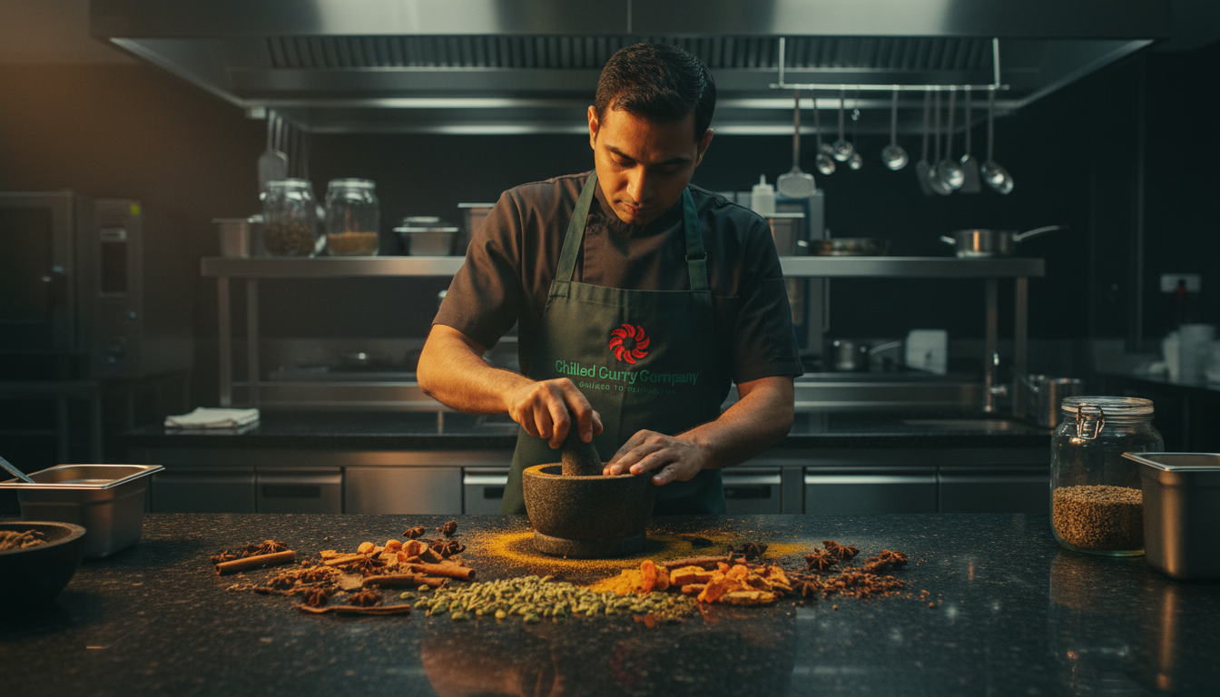 Whole spices ground in-house — cardamom, cinnamon, star anise, turmeric