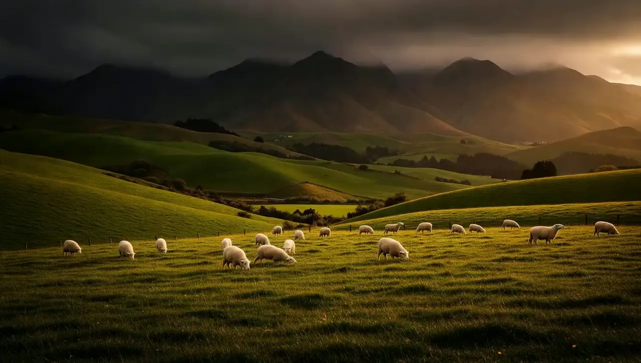 Premium New Zealand lamb — grass-fed on rolling green hills