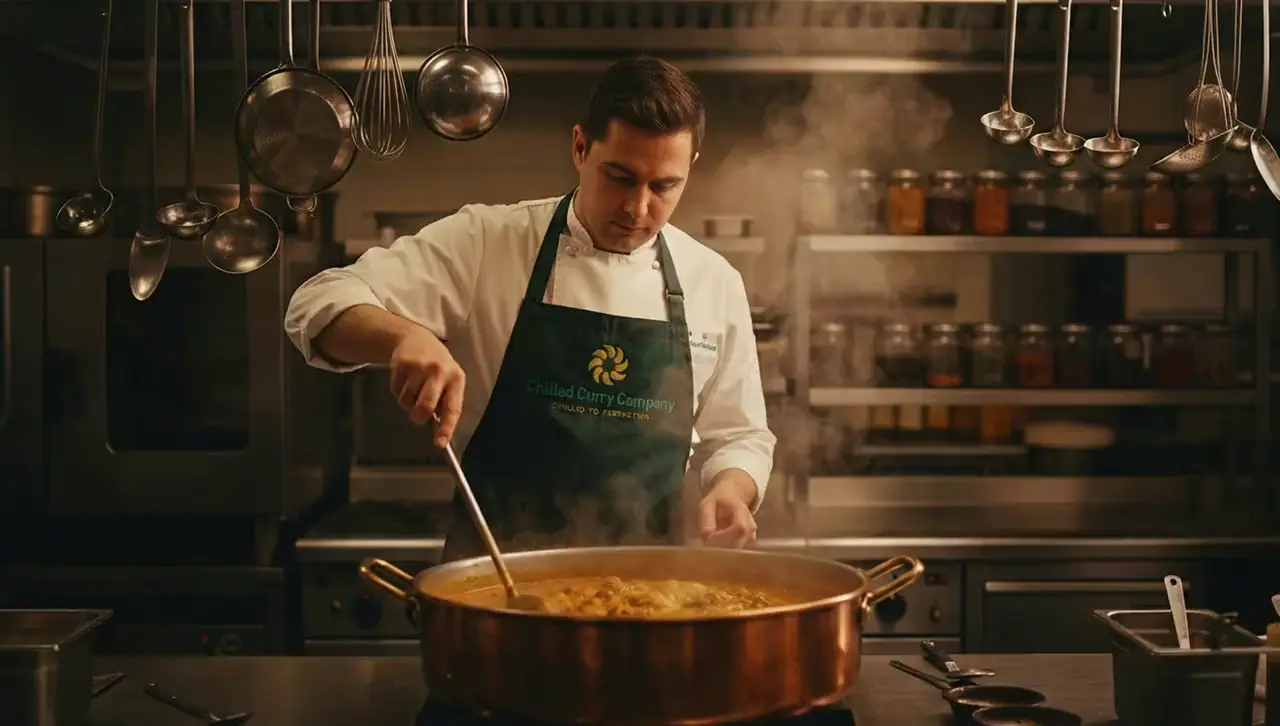 Small batch cooking — chef stirring curry in copper pot